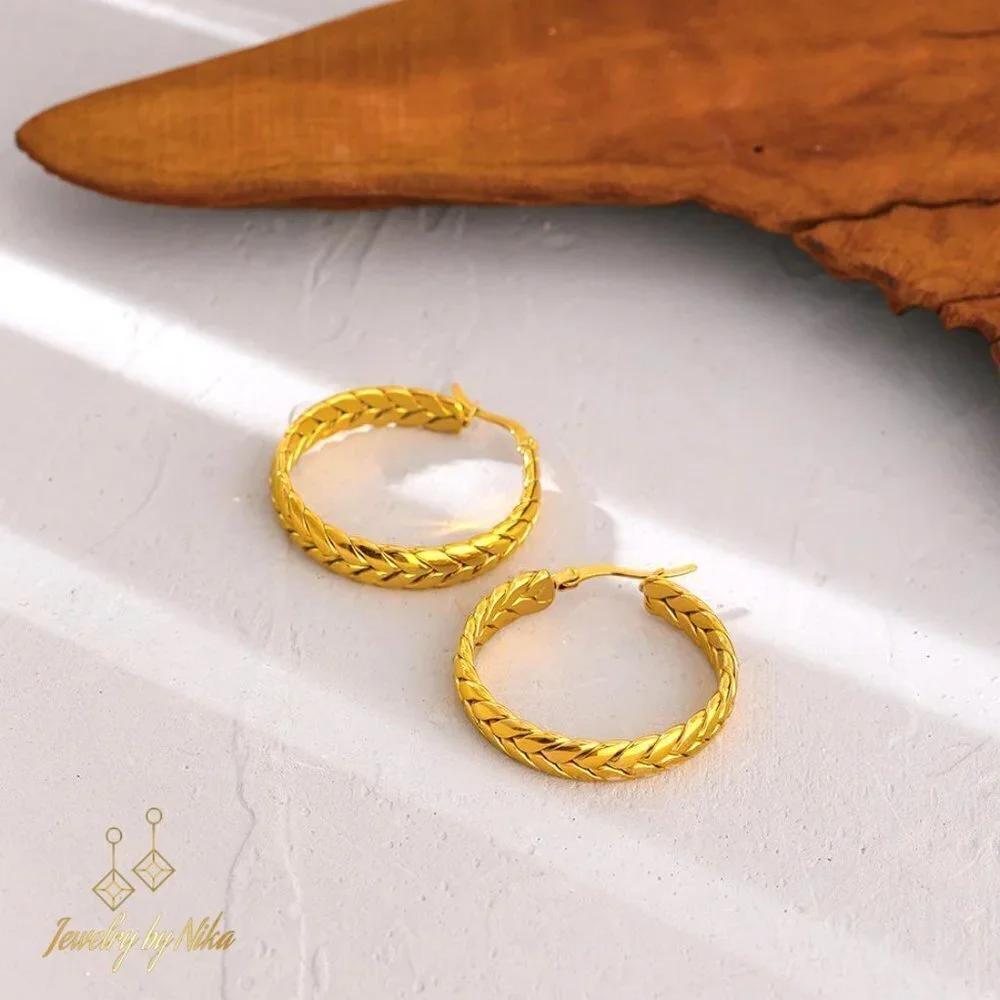 NEW 14K Yellow Gold Elyvian Boho Twisted Chain Statement Luxury Hoop Earrings